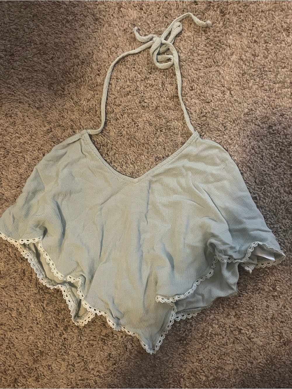 Women’s Sage/Sea-foam/Light Green Lace-Trim Halter Cropped Camisole- Tobi size M